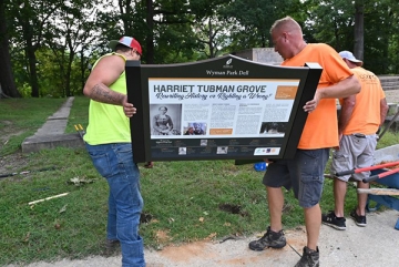 Signs honoring Harriet Tubman installed in Wyman Park Dell, where Confederate statues once stood